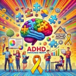 image representing ADHD Awareness Month, highlighting awareness, education, and community support. It uses vibrant colors and symbols that reflect the dynamic nature of ADHD