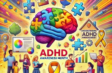 image representing ADHD Awareness Month, highlighting awareness, education, and community support. It uses vibrant colors and symbols that reflect the dynamic nature of ADHD