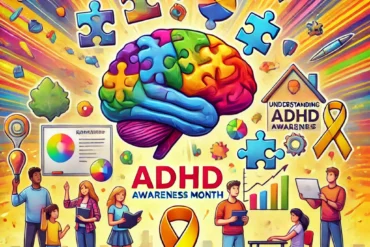 image representing ADHD Awareness Month, highlighting awareness, education, and community support. It uses vibrant colors and symbols that reflect the dynamic nature of ADHD