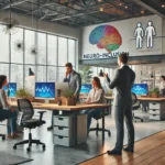 depicting leaders fostering a neuro-inclusive workplace. It presents a modern office setting with a focus on collaboration, diverse needs, and a leader actively promoting inclusivity.