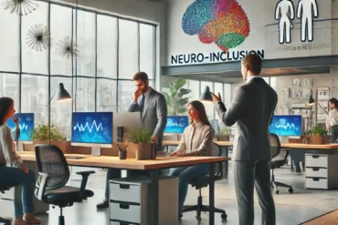 depicting leaders fostering a neuro-inclusive workplace. It presents a modern office setting with a focus on collaboration, diverse needs, and a leader actively promoting inclusivity.