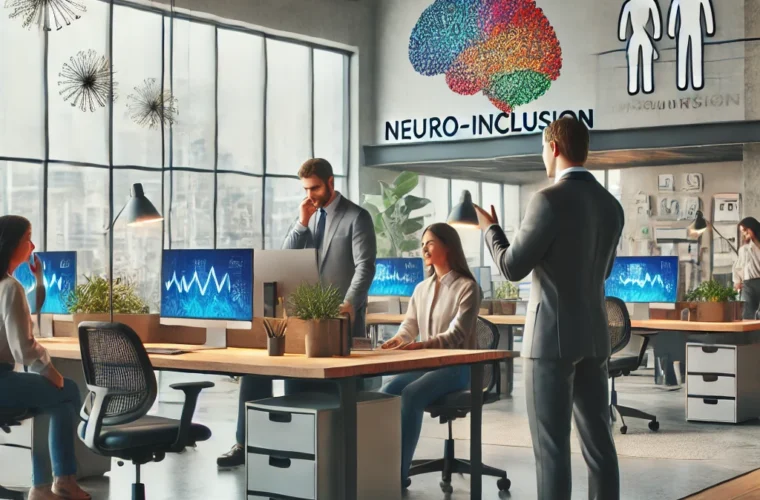 depicting leaders fostering a neuro-inclusive workplace. It presents a modern office setting with a focus on collaboration, diverse needs, and a leader actively promoting inclusivity.